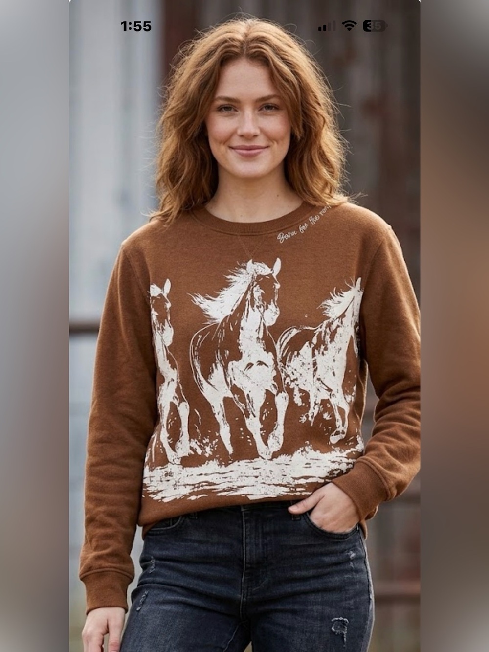 Women's Chestnut Crewneck Sweatshirt with White Horse Print. NWT